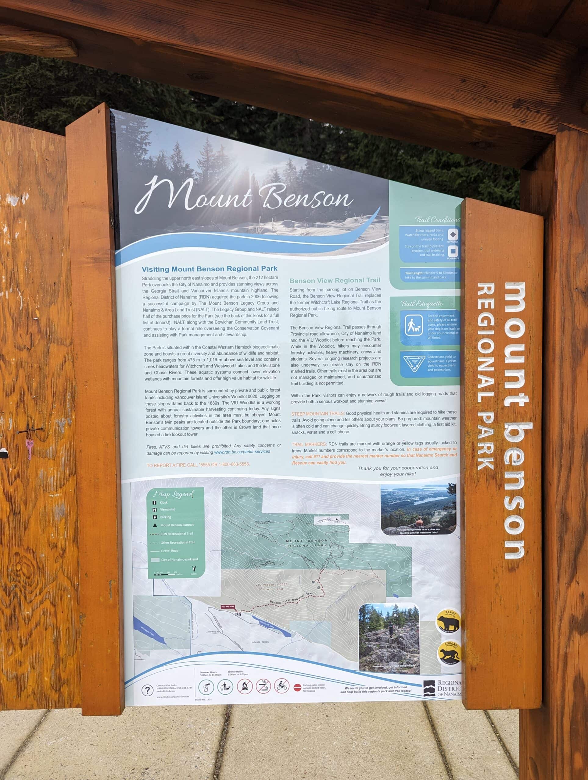 Mt Benson Hike Sign Nanaimo BC
