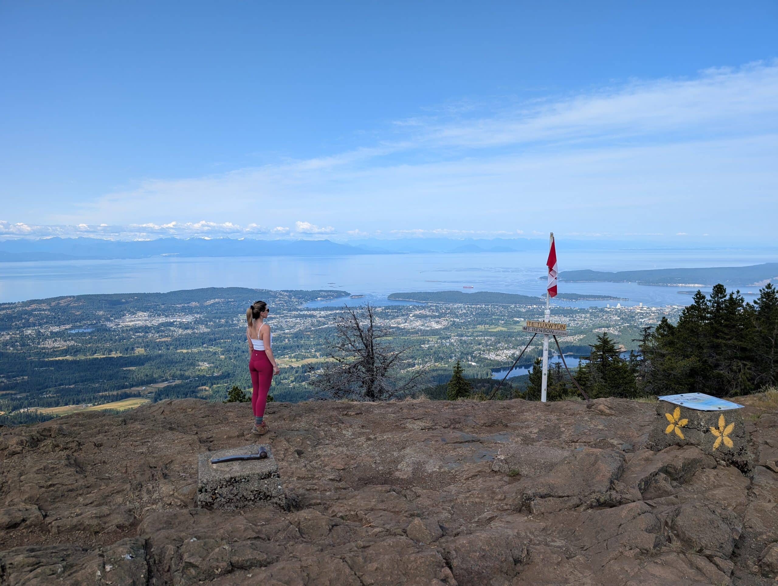 Canadian flag on top of Summit views Mount Benson trail Nanaimo BC
