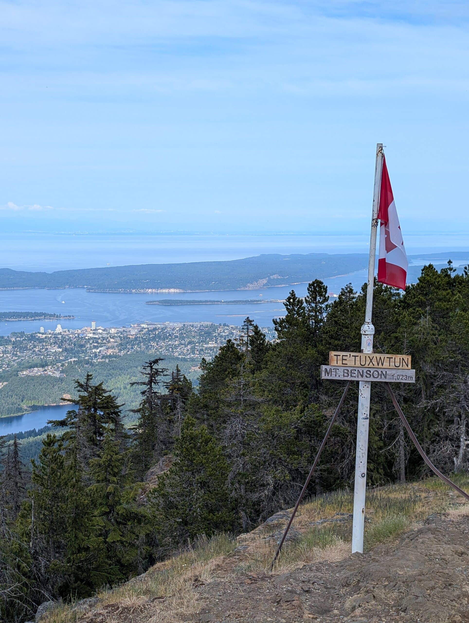 Te'tuxwtun sign Summit views Mount Benson trail Nanaimo BC